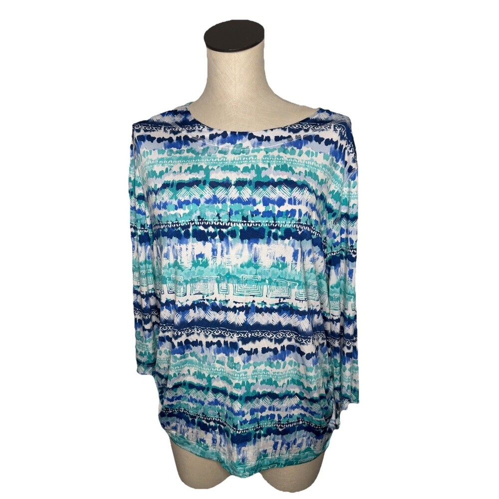 Southern Lady Blue Aqua White Print Liquid Knit Top Ruched side ties LP